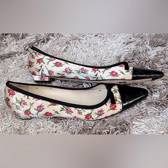 Vintage PRADA Pointed Toe Silk Leather English Cottage Rose Garden Flats 38.5 - Picture 3 of 7